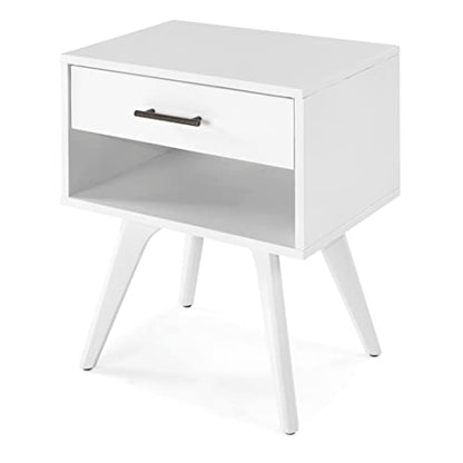 Mid Century Modern One Drawer Nightstand/Constructed of Solid Wood/White Finish - color: White