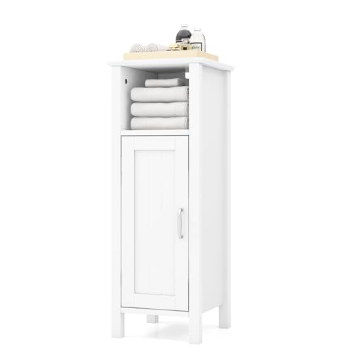 HAPPYGRILL Bathroom Floor Cabinet, Freestanding Narrow Storage Cabinet Console Table Nightstand with Adjustable Inner Shelves, Bathroom Side Storage Cabinet for Living Room Kitchen Entryway (White) - color: White