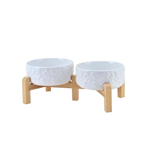 SPUNKYJUNKY Elevated Dog Bowls Ceramic, 5.1'' Dogs and Cat Food Water Bowls Raised with Non-Slip Bamboo Stand for Puppy Small Sized Breed Microwave Dishwasher Safe - 13.5 OZ,Skull White - color: White - Skull, size: 5.1 in - 1.7 cups