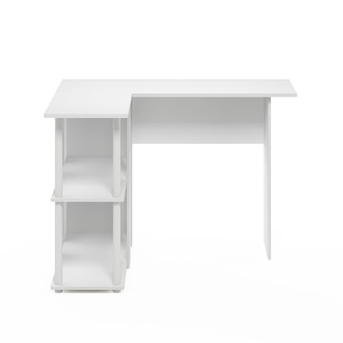 Furinno Abbott L-Shape Desk with Bookshelf, 41.14 (W) x 28.94 (H) x 34.45 (D) inches, White/White - color: White/White, style: Plastic Poles