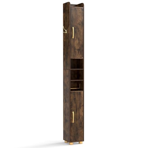 Tangkula Narrow Bathroom Cabinet, 69.5” Tall Storage with 2 Doors & Adjustable Shelves, Toilet Paper Rod & Side Hook, Anti-toppling Design, Slim Floor Cabinet for Small Spaces (Rustic Brown, 1 Pack) - color: Rustic Brown, size: 1 Pack