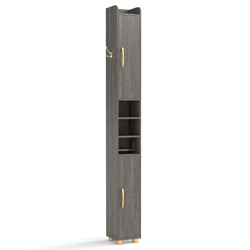 Tangkula Narrow Bathroom Cabinet, 69.5” Tall Storage with 2 Doors & Adjustable Shelves, Toilet Paper Rod & Side Hook, Anti-toppling Design, Slim Floor Cabinet for Small Spaces (Gray, 1 Pack) - color: Grey, size: 1 Pack