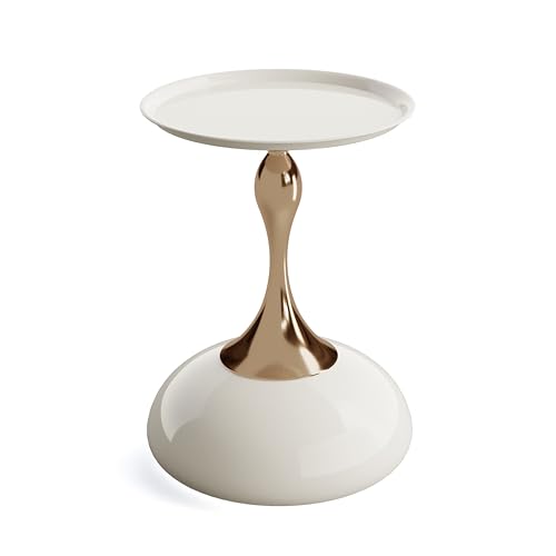 Luxury Round End Table White Gold Modern Small Side Table 15" Living Room Table Iron Sofa Coffee Table Cute Shape, White Gold - color: White
