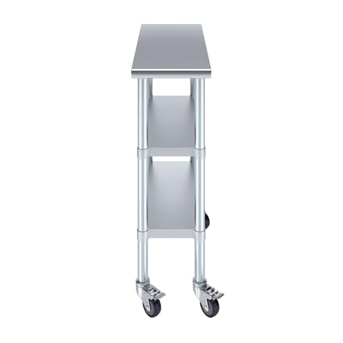 AmGood Stainless Steel Work Table with 2 Shelves and Casters | Metal Utility Table On Wheels (Stainless Steel Work Table with 2 Shelves + Casters, 12" Long x 30" Deep) - size: 12" Long x 30" Deep