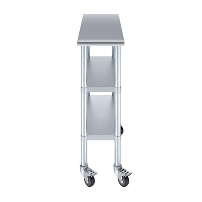 AmGood Stainless Steel Work Table with 2 Shelves and Casters | Metal Utility Table On Wheels (Stainless Steel Work Table with 2 Shelves + Casters, 12" Long x 30" Deep) - size: 12" Long x 30" Deep