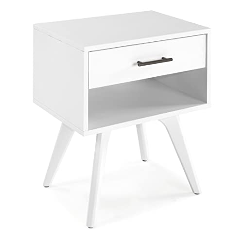 Mid Century Modern One Drawer Nightstand/Constructed of Solid Wood/White Finish - color: White