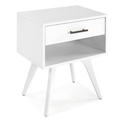 Mid Century Modern One Drawer Nightstand/Constructed of Solid Wood/White Finish - color: White