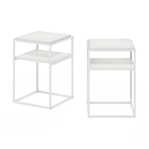 Furinno Moretti Side Table Set of 2, Stackable Metal Frame End Table with Open Shelf, Night Stand, Bedside Table, for Living Room, Bedroom, Solid White - color: Solid White/White, style: 2-Pack, Stackable Metal Frame