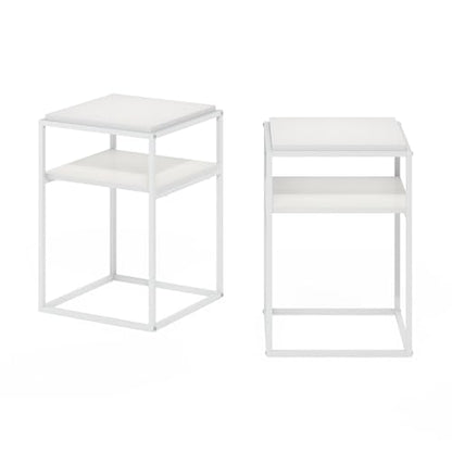 Furinno Moretti Side Table Set of 2, Stackable Metal Frame End Table with Open Shelf, Night Stand, Bedside Table, for Living Room, Bedroom, Solid White - color: Solid White/White, style: 2-Pack, Stackable Metal Frame
