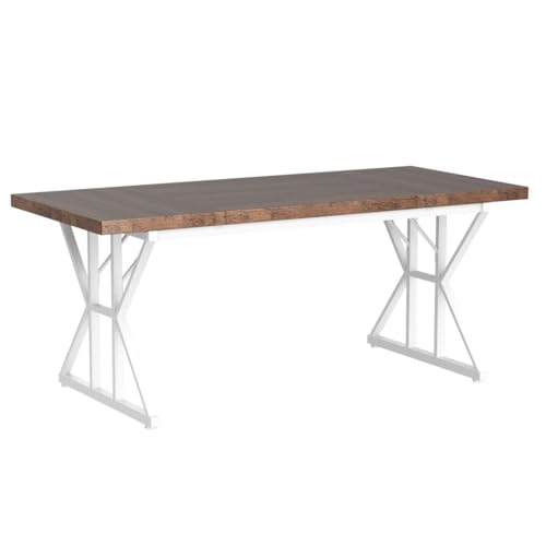 Tribesigns Farmhouse Dining Table for 6 People, 70.8-Inch Rectangular Wood Dining Table, Rustic Kitchen Table with Heavy Duty Metal Legs for Dining Room (Brown/White) - color: Brown/White