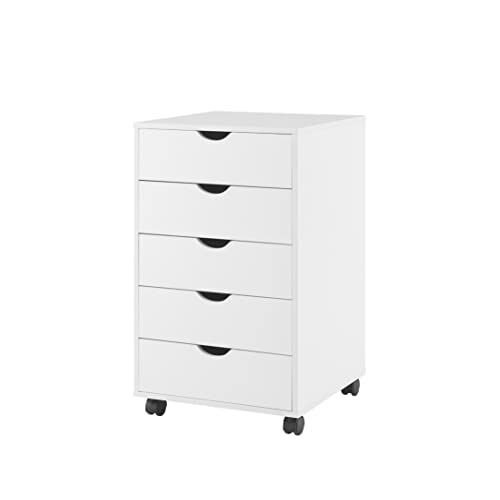 Naomi Home 5 Drawer Storage Cabinet with Wheels White Wooden File Chest | Mobile drawer organizer with spacious storage, smooth-gliding drawers, and locking casters for home or office use. - color: White, style: 5 Drawer