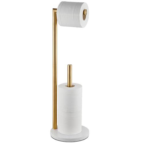 Hoooh Free Standing Toilet Paper Holder with Marble Base, Brushed Gold | Stainless Steel Floor Tissue Holder with Reserve, Ideal for Small Bathrooms, Weighted Base for Stability - color: Brushed Gold, size: Round Base
