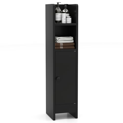 Giantex Small Bathroom Cabinet, Narrow Slim Storage Cabinet w/ 3-Level Adjustable Shelf & Anti-toppling Design, Freestanding Floor Corner Toilet Paper Holder for Bathroom, Living Room, Small Spaces - color: Black