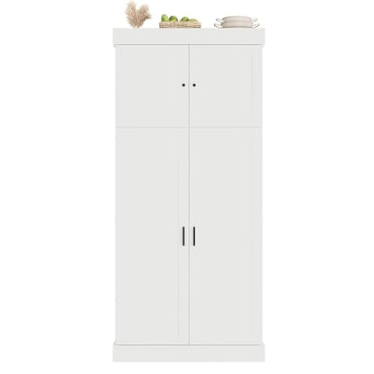 Merax 77'' Tall Freestanding Kitchen Pantry, 35''Lx17.7''W Modern Shaker Style Cupboard Storage Cabinet with Adjustable Shelves,Door Shelves, Drawers and Wine Racks, White - color: White