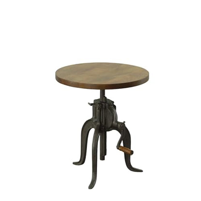Carolina Chair & Table Adjustable Hand Crank 18" Wooden Top Rustic Side Table - Cast Iron Base Round Accent Table for Farmhouse, Living Room, or Bedroom (Harvest Oak/Industrial) - color: Harvest Oak/Industrial