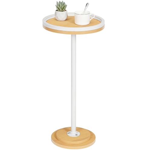 HOOBRO Small Round Side Table, Drink Table, Coffee Martini Table with Pedestal Accent for Small Spaces in Living Room, Bedroom, Sofa Couch, Natural and White WN168BZ01 - color: Natural + White