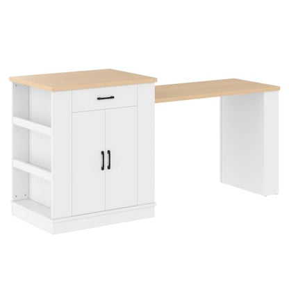 Bellemave Kitchen Island with Extendable Dining Table, 80.7" Kitchen Storage Islands with Double-Door Cabinet, Power Outlet, 2 Drawers & 2 Open Shelves, Temporary Breakfast Bar (White/80.7") - size: 80.7 Inch, style: White 2 Cabinet