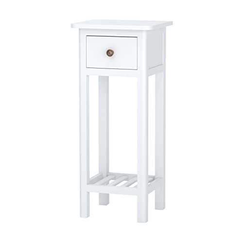 Giantex Tall End Table Set of 2, Narrow Side Table with Drawer and Shelf, Acacia Wood Nightstand for Living Room, 2-Tier Bedside Table for Small Space, No Assembly, White - color: White