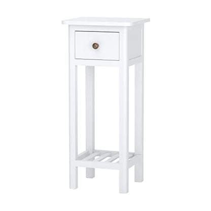 Giantex Tall End Table Set of 2, Narrow Side Table with Drawer and Shelf, Acacia Wood Nightstand for Living Room, 2-Tier Bedside Table for Small Space, No Assembly, White - color: White