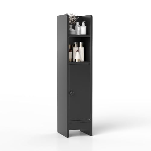 Narrow Bathroom Storage Cabinet, Small Corner Floor Cabinet with 3-Level Adjustable Shelf, Slim Toilet Paper Holder Stand for Small Spaces, Laundry & Kitchen (Black) - color: Black