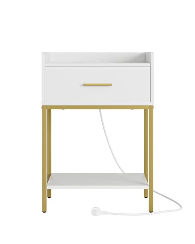 Nightstand with Charging Station,3-Tier Bedside Table for Small Space,Modern Night Stand with Storage Drawer and Shelf,Small Side Table for Bedroom,Living Room,White - color: White With Charging Station