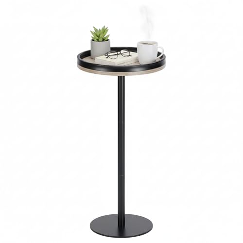 Oak Finish Martini Table, Small Round Drink Table, Modern Farmhouse Side Table with Tray Top, Metal Weighted Base End Table for Living Room,Small Spaces,Next to Sofa, 24.7" Tall - color: Oak