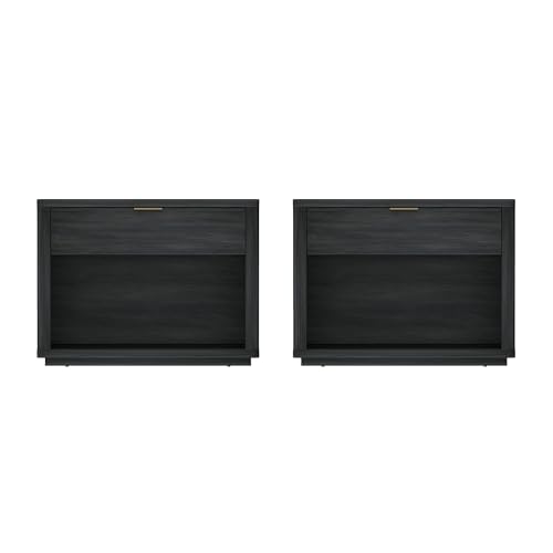 Manhattan Comfort Evelyn Set of 2 Nightstands with Drawer and Open Shelf, Minimalist Bedside Table with Rounded Corners & Raised Base, Modern Night Stand for Bedroom, or Living Room in Charcoal Grey - color: Charcoal Grey, size: Set of 2