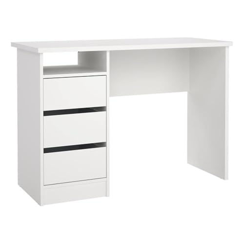 Pemberly Row Writing Desk, 43.31 in H x 19.09 in D x 29.92 in H, Engineered Wood, White Paper Foil Finish, 3 Smooth-Glide Storage Drawers, Open Shelf, Compact Home Office or Dorm Study Desk