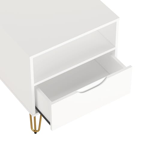 Manhattan Comfort Avira 20 Inch Nightstand with Drawer and Shelf, Mid Century Modern Bedroom Stand with Storage, Compact Side End Table with Metal Legs, White - color: White