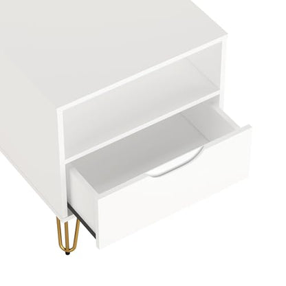 Manhattan Comfort Avira 20 Inch Nightstand with Drawer and Shelf, Mid Century Modern Bedroom Stand with Storage, Compact Side End Table with Metal Legs, White - color: White