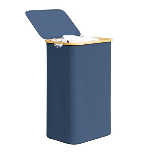 SpaceAid Laundry Hamper with Lid, 110L Large Tall Clothes Basket Bin with Bamboo Handles, Collapsible Laundry Hamper for Bedroom, Bathroom, Dorm, Laundry Room - Blue - color: Blue, size: 110 L