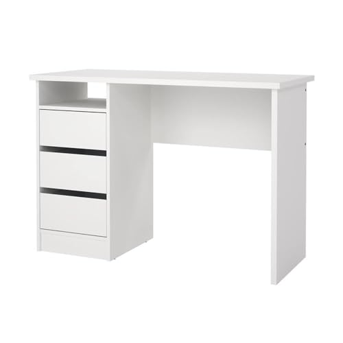 Pemberly Row Writing Desk, 43.31 in H x 19.09 in D x 29.92 in H, Engineered Wood, White Paper Foil Finish, 3 Smooth-Glide Storage Drawers, Open Shelf, Compact Home Office or Dorm Study Desk
