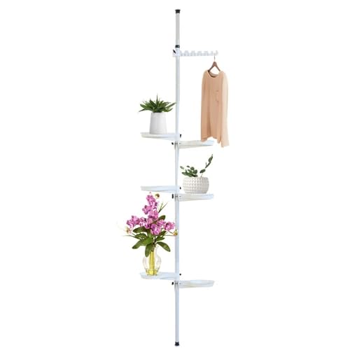 Plant Stand Indoor, 6-Tier Tension Rod Hanging Plant Stand Adjustable Flower Display Rack with 6 Trays Space Saver Corner Plant Poles Floral Pot Hanger Shelf for Displaying Flowers and Potted