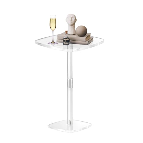 Square Drink Table, 10" Lx10 Wx21.6 H Acrylic Side Table for Small Spaces, Clear Pedestal Side Table, Cocktail Martini Table for Living Room, Bedroom, Sofa, Chair, Clear