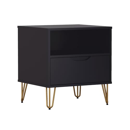 Manhattan Comfort Avira 20 Inch Nightstand with Drawer and Shelf, Mid Century Modern Bedroom Stand with Storage, Compact Side End Table with Metal Legs, Black - color: Black