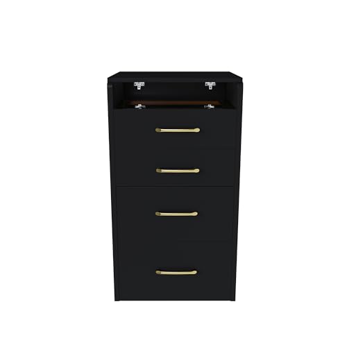 3-in-1 Black Gold Vanity Desk, Compact Makeup Vanity Set with Flip-up Mirror, Visible Glass Desktop, 3 Drawers, Hidden Storage, Multifunctional Dressing Table Nightstand Combo for Small Bedroom