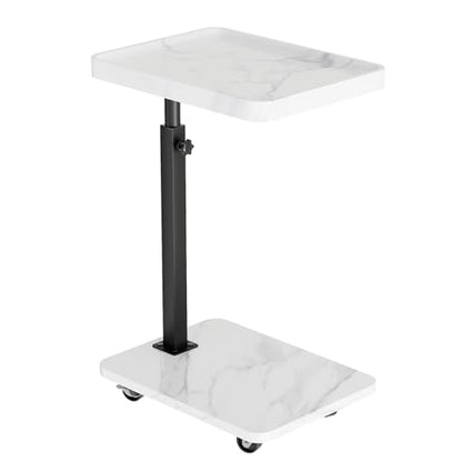 Adjustable Tv Trays for Eating on Couch That Slide Under,360° Swivel C Shaped End Sofa Side Snack Table with Wheels for Living Room and Bedroom, Bed,Chair, (White Marble+Black) - color: White Marble+black