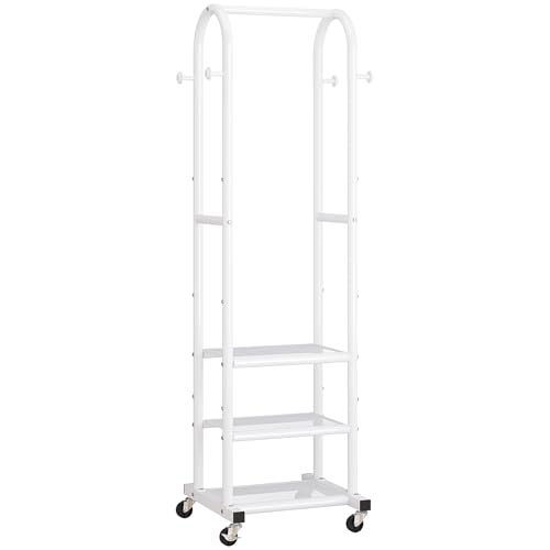 Dttwacoyh Clothing Rack with Wheels,Narrow Metal Garment Rack,White | Easy to install, 71.8 Inches Display Rack with 4 Side Hooks & 3 Shelves,for Small Flats, Bedroom, Entryway,White Clothes Rack - color: White