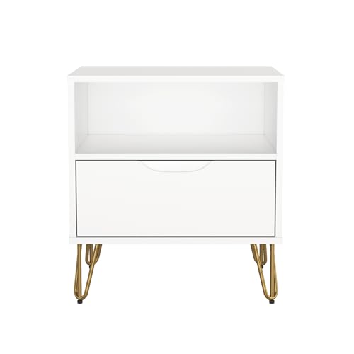 Manhattan Comfort Avira 20 Inch Nightstand with Drawer and Shelf, Mid Century Modern Bedroom Stand with Storage, Compact Side End Table with Metal Legs, White - color: White
