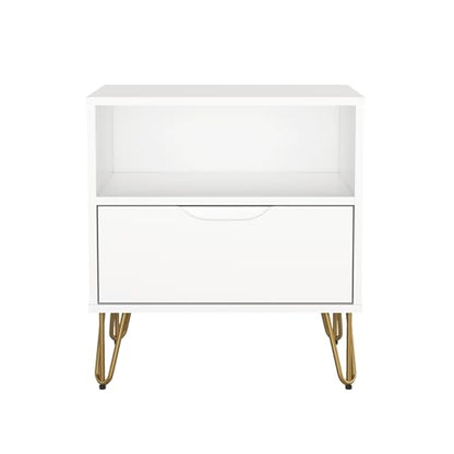 Manhattan Comfort Avira 20 Inch Nightstand with Drawer and Shelf, Mid Century Modern Bedroom Stand with Storage, Compact Side End Table with Metal Legs, White - color: White