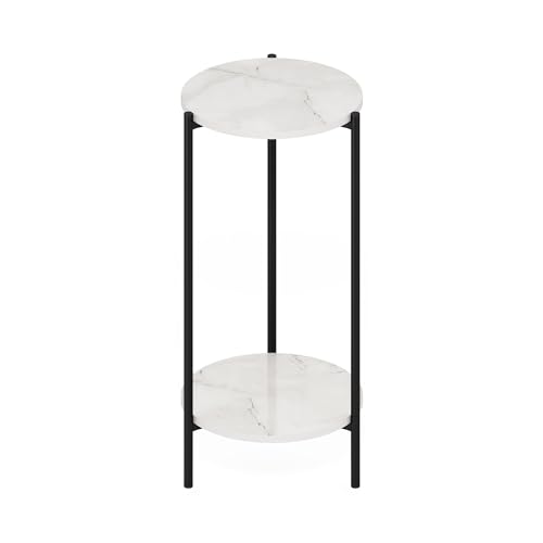Furinno BESI Plant Stand Indoor, 2-Tier Round Plant Shelf, Metal Flower Pot Plant Stand, Balcony, Patio, Garden, Marble White - color: Marble White
