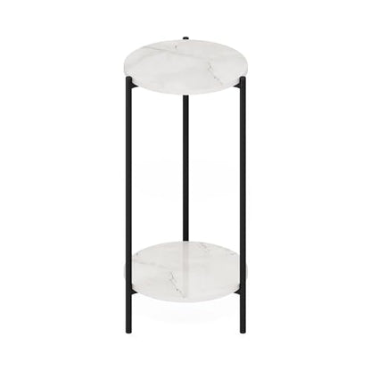Furinno BESI Plant Stand Indoor, 2-Tier Round Plant Shelf, Metal Flower Pot Plant Stand, Balcony, Patio, Garden, Marble White - color: Marble White