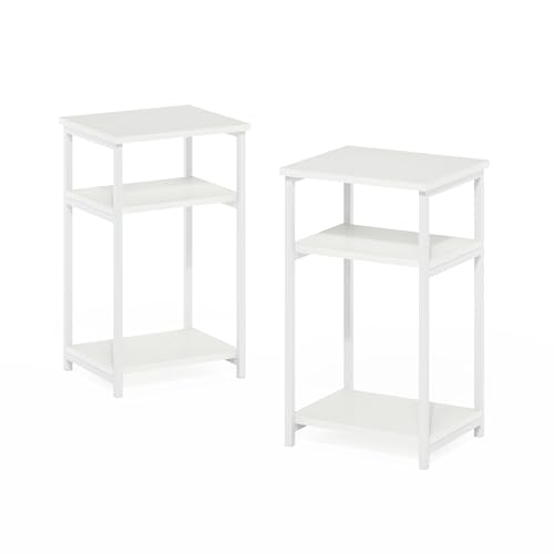 Furinno JUST 3-Tier Telephone Table Set of 2, Metal Frame Modern Side Table with Open Shelf, Night Stand, Bedside Table, Easy Assembly, for Living Room, Bedroom, White - color: White/White, size: 2-Pack, Metal Frame, 3-Tier
