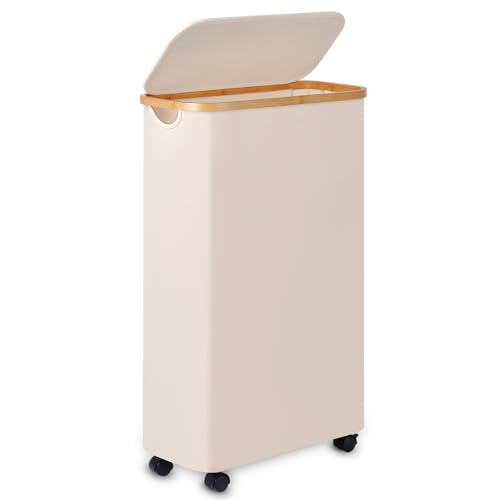 Slim Laundry Basket with Wheels,Narrow Hampers for Laundry,Freestanding Laundry Hamper with Lid&Bamboo Handles,Collapsible & Waterproof Tall Cloth Hamper for Dorm Family(60L Beige) - color: Beige, size: 60L with Wheels