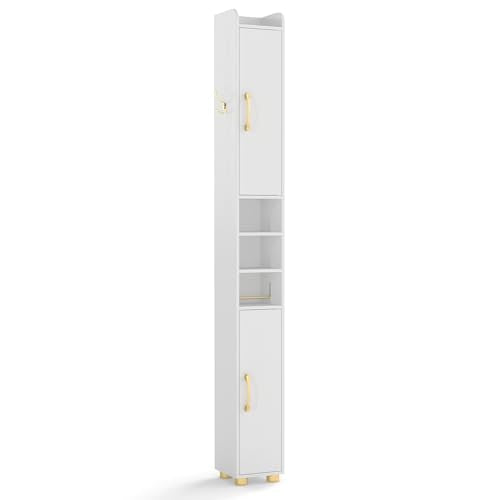 Tangkula Narrow Bathroom Cabinet, 69.5” Tall Storage with 2 Doors & Adjustable Shelves, Toilet Paper Rod & Side Hook, Anti-toppling Design, Slim Floor Cabinet for Small Spaces (White, 1 Pack) - color: White, size: 1 Pack