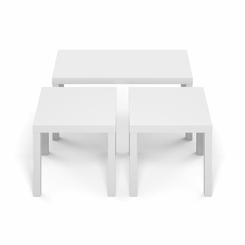 Furinno Classic Set of 3 Living Room Table, Printer Stand, White | 1.8 Inch Thick Tabletop, Modern Rectangle Coffee Table with 2 Square Side Tables, End Tables, for Living Room, Home Office - color: White, size: Set of 3