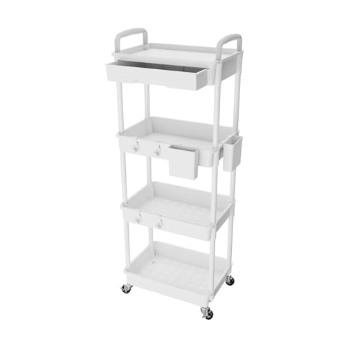 4 Tier Rolling Utility Cart with Drawer,REBECAT Utility Cart Made of Multifunctional Storage Organizer Tool for Kitchen,Bathroom,Living Room,Office(Gray) - color: White