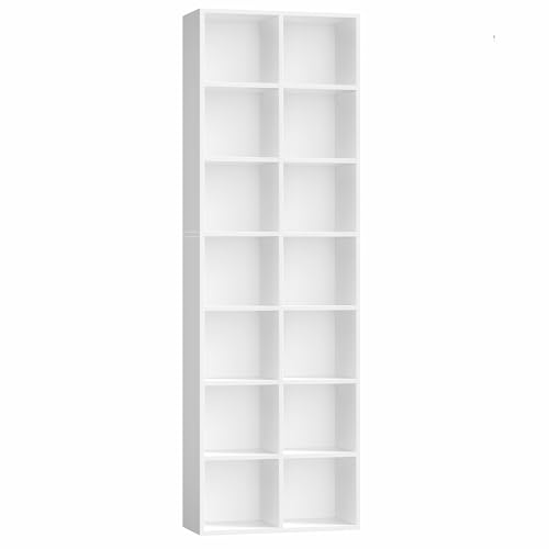 FOTOSOK 71'' Tall Bookshelf with 14 Cubes, 7 Tier Double Wide White Bookshelf with 6 Adjustable Shelves, 19.6" Narrow Bookcase DVD/CD Media Storage, Space Saving Display Shelf Cabinet, White - color: White