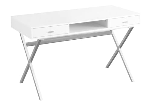 Atlin Designs Metal Sturdy Legs 48" Contemporary Modern Computer Writing Desk with Drawers and Open Shelf in Glossy White and Silver
