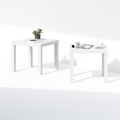 Furinno Classic Set of 2 Modern Coffee Table, Printer Stand, White | 1.8" Triple Thick Square Tabletop, Side Table with 4 Legs, for Living Room, Bedroom, Home Office - color: White, size: Set of 2, Square